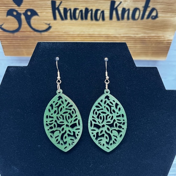 Jewelry - Green Filigree Earrings Laser Carved Wood